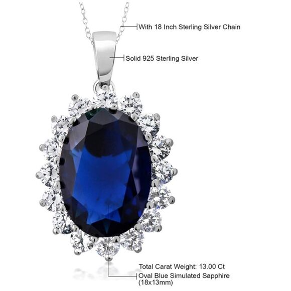 .925 Sterling Silver and Blue Sapphire & Cubic Zirconia Pendant Chain Necklace - Picture 3 of 5